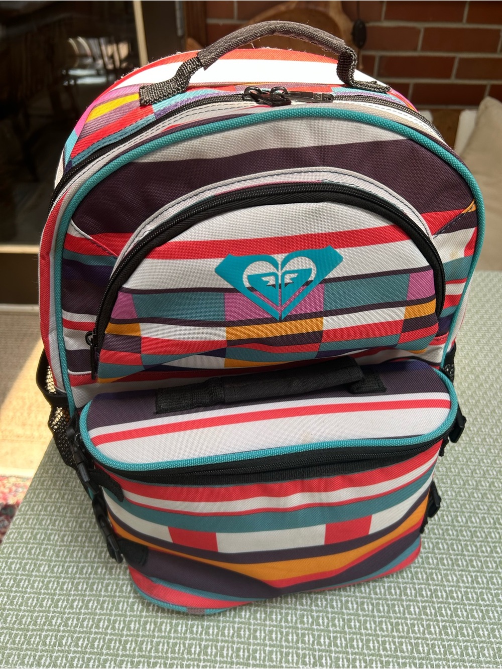 Roxy Striped Multicolor Backpack w/Teal Logo AND detachable lunch cooler. 2in 1.